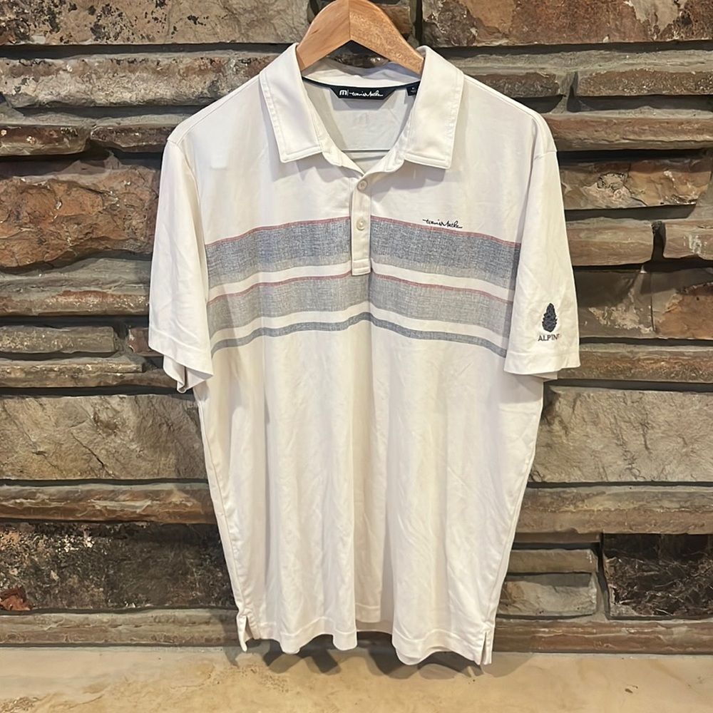 Travis Mathew Golf Short Sleeve Polo Pima Cotton Grey, Blue, & Red Chest Stripes